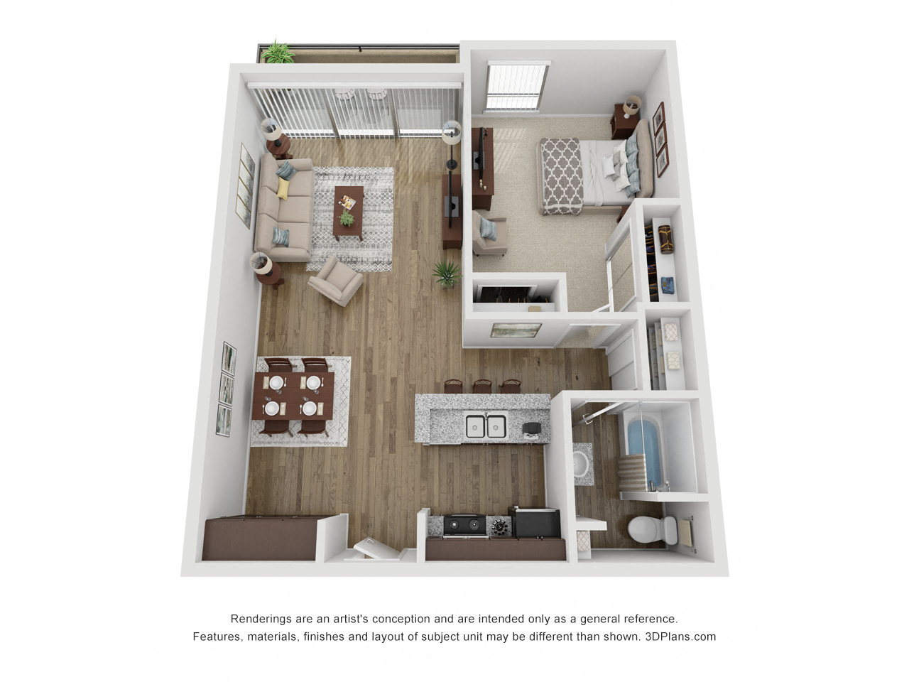 Floor plan for 1 bed, 1 bath, 640 sqft